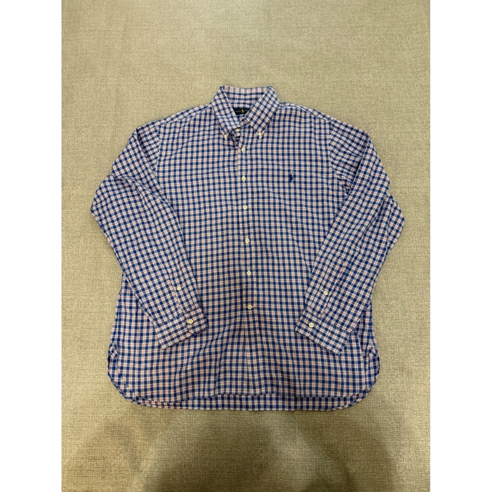 Ralph Lauren Mens XL Blue Pink Plaid Button Down Long Sleeve Shirt Pony Logo